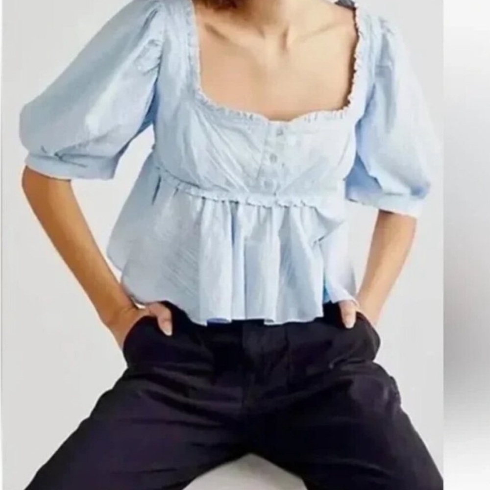 Free People Sky Blue Puff Sleeve Blouse